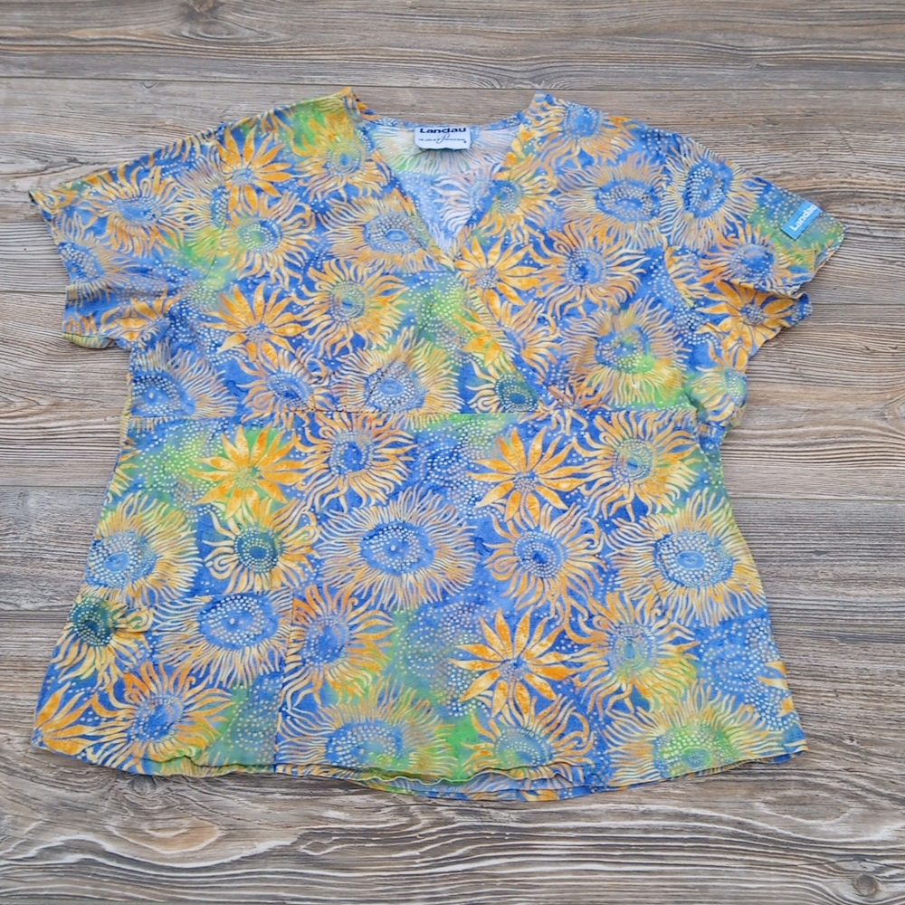 Landau Flower Printed Short Sleeve Scrub Top